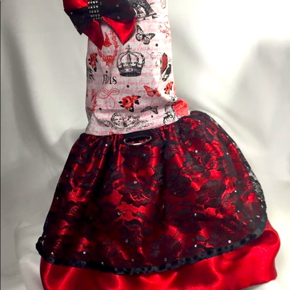 Valentines Doggy Couture Paris Dress Satin and lace with D clip for easy walking